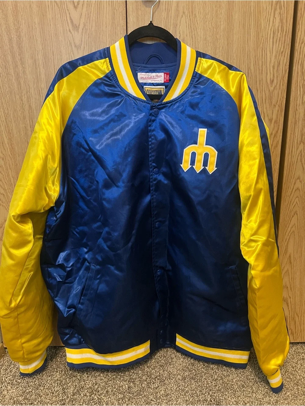 Mitchell & Ness Blue and Yellow Satin Varsity Bomber Jacket